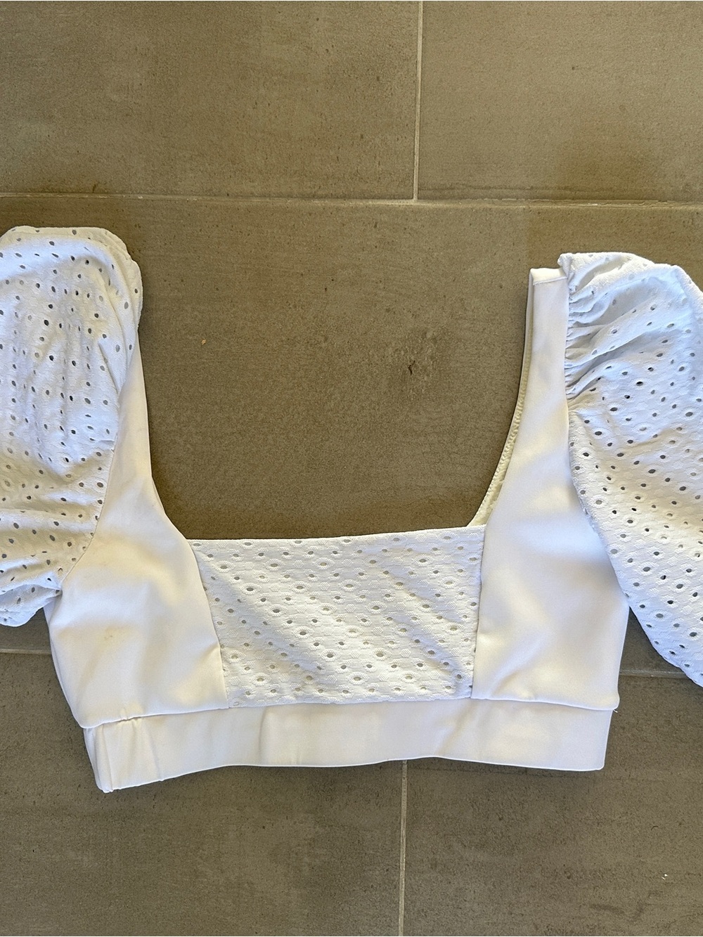 White Eyelet Puff Sleeve Crop Top - Square Neck